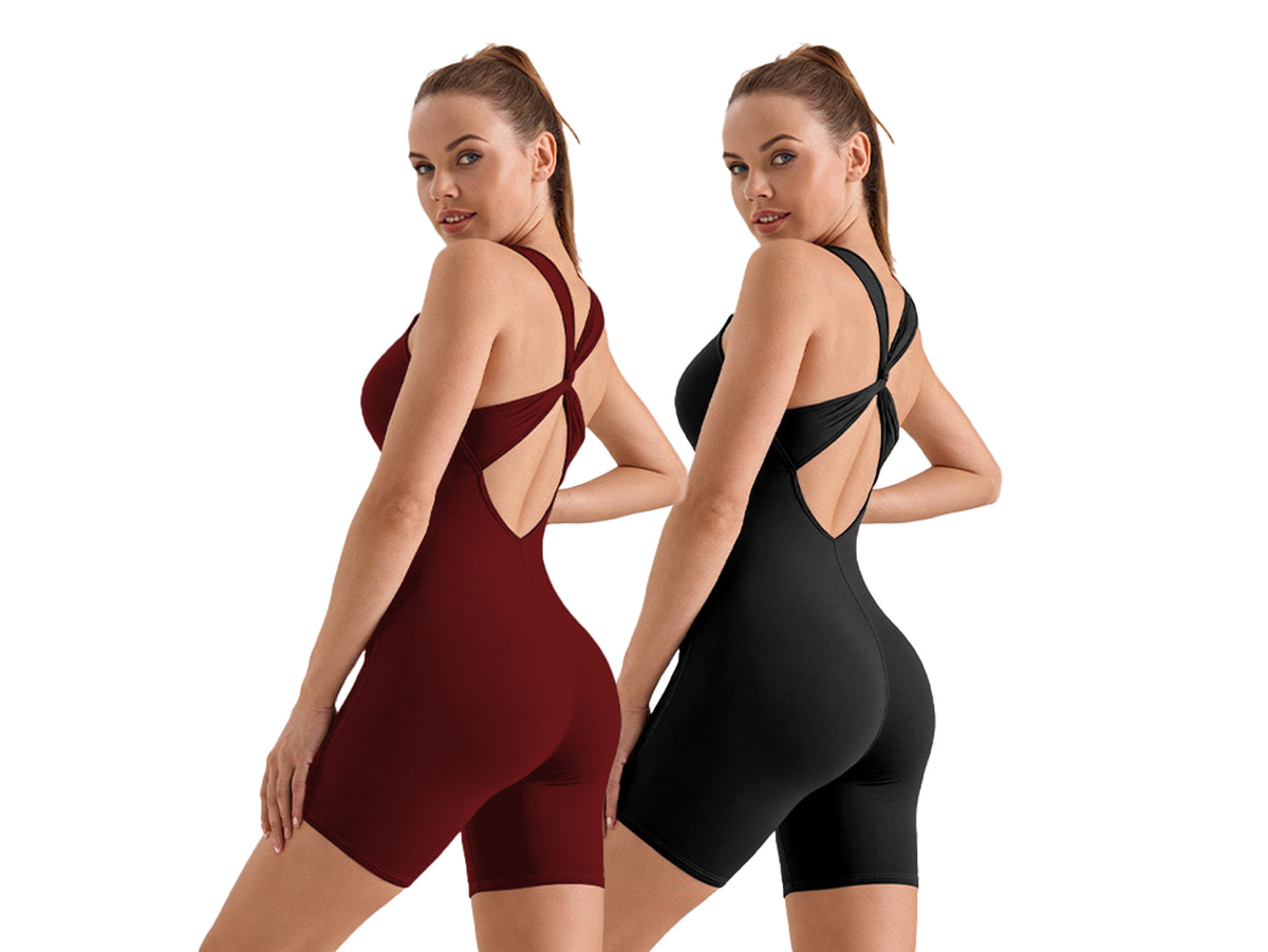 V-Neck Crossover Back Running Jumpsuit with Chest Pad