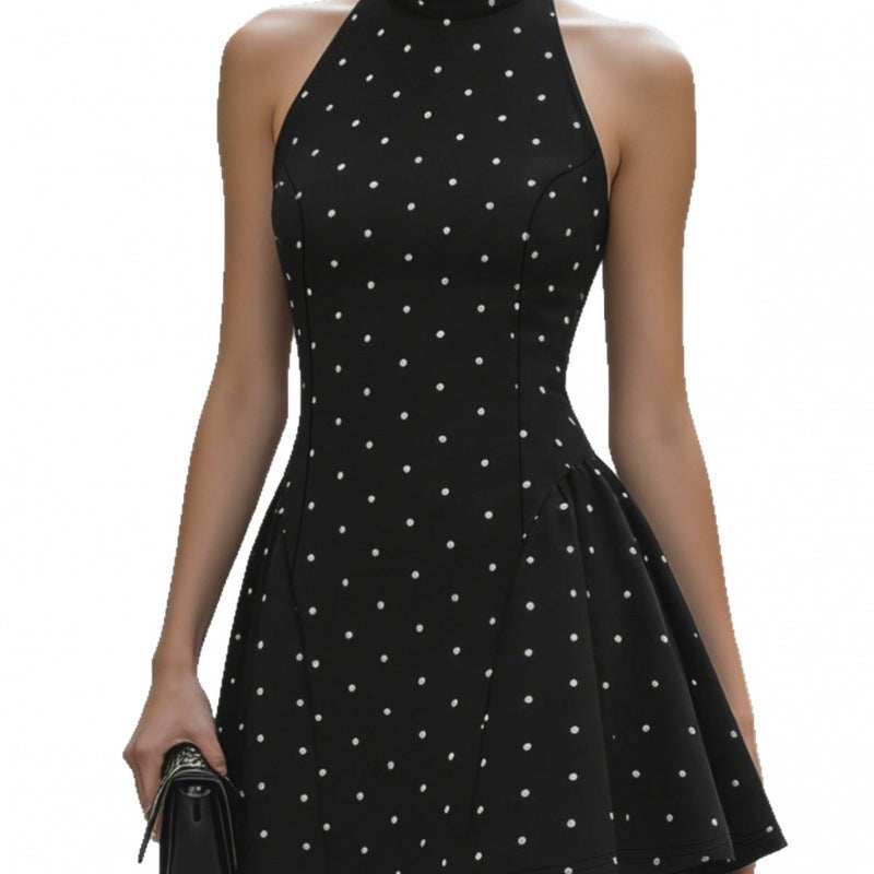 Sleeveless Waist-cinched Black Polka-dot Sexy Dress