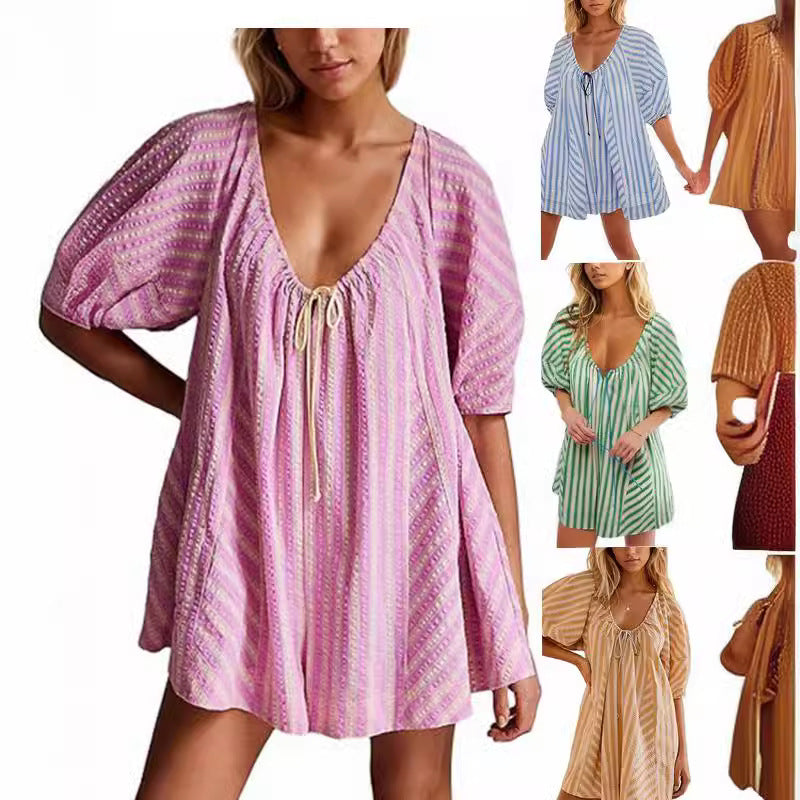 Striped V-Neck Short Sleeve Loose Casual Jumpsuit