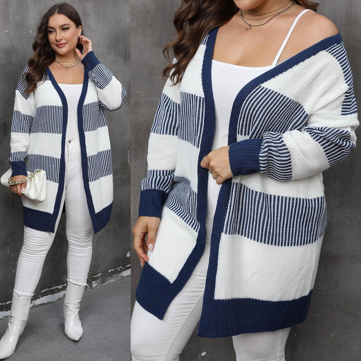 Color Blocking Patchwork Striped Knitted Cardigan for Women