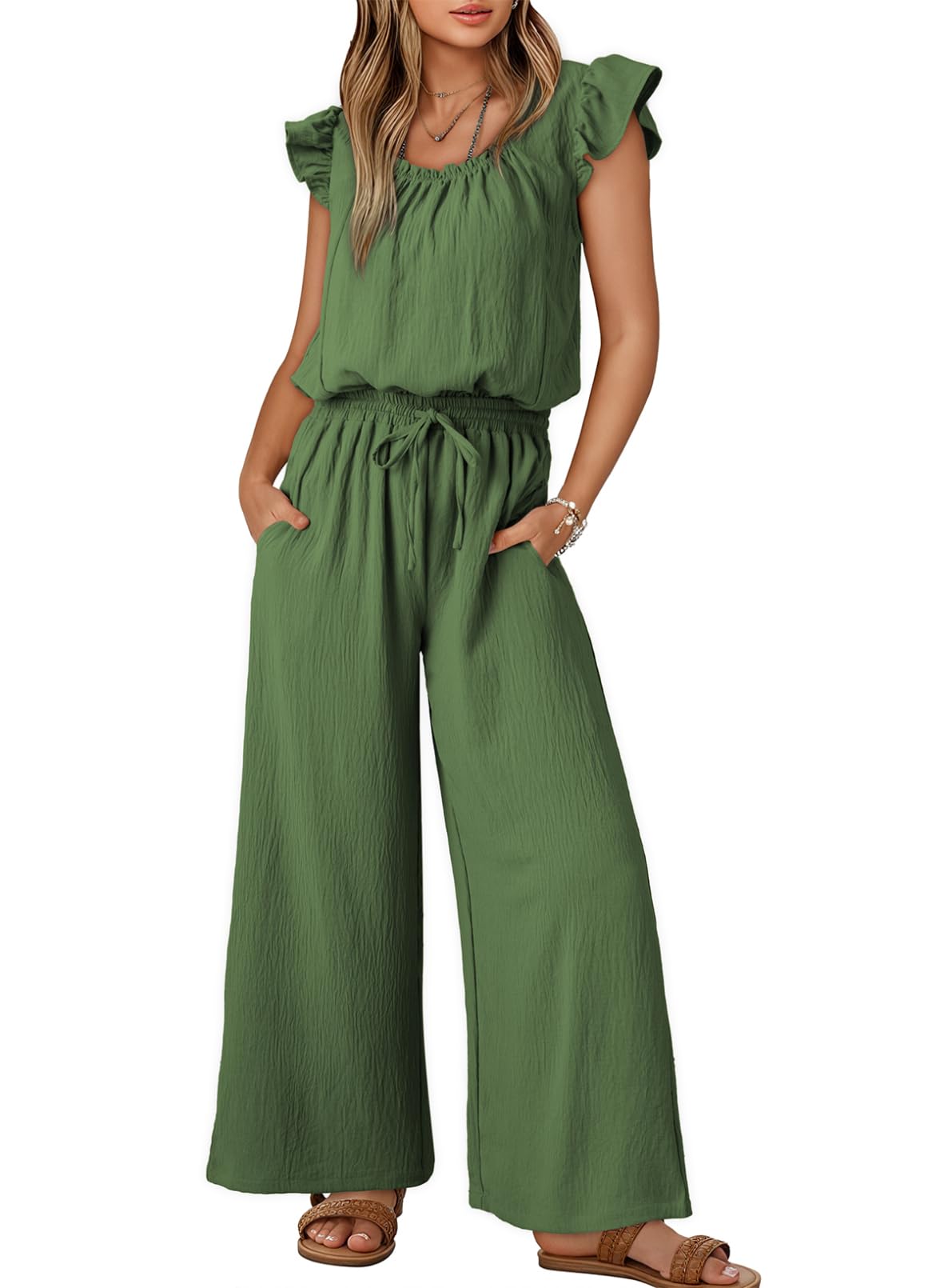 Chic Pleated Square Collar Camisole & Wide Leg Jumpsuit