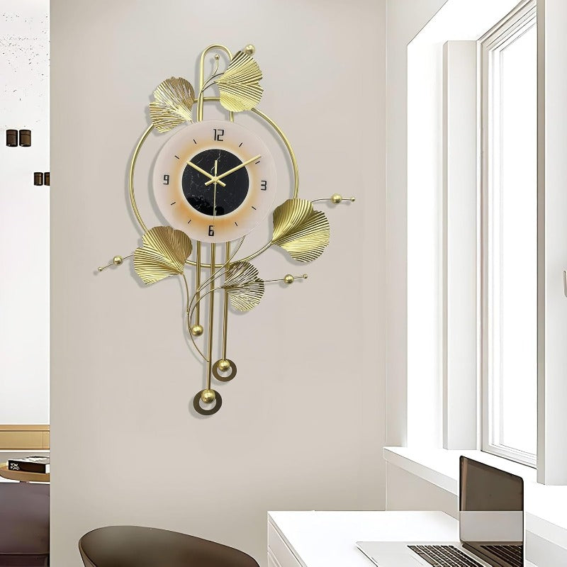 Modern 3D metal ginkgo leaf wall clock silent and battery powered