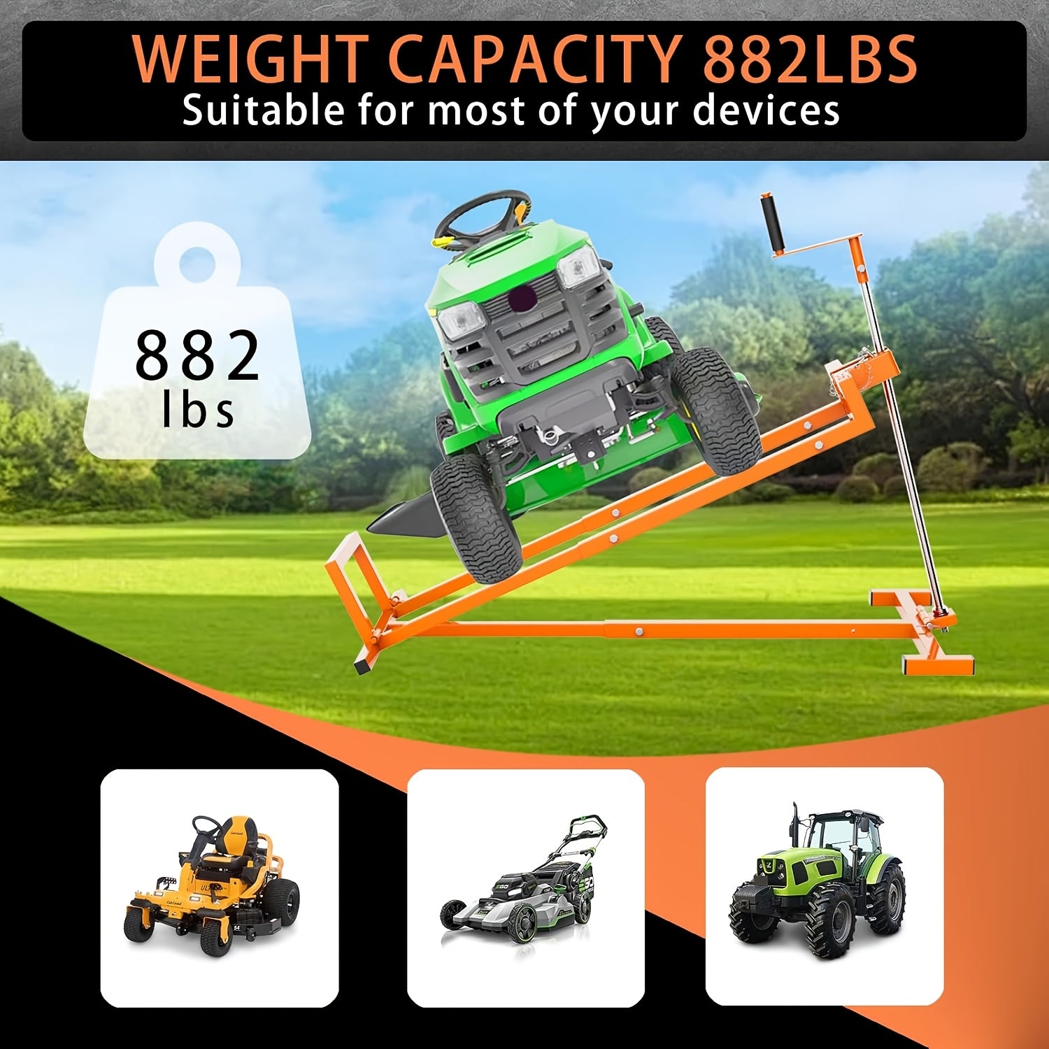 880 lb Capacity Telescopic Lawn Mower Lift Jack with Manual and Power‑Tool Extension Handles, Adjustable Height