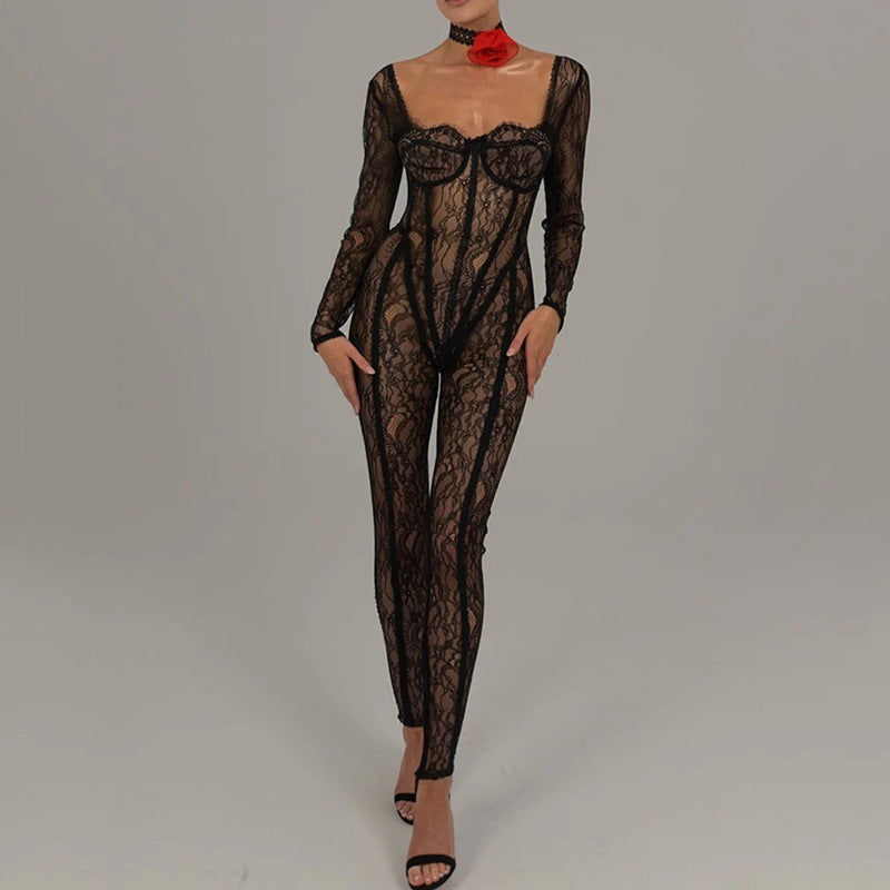 Lace Stitching Sexy Temptation Low-cut Jumpsuit