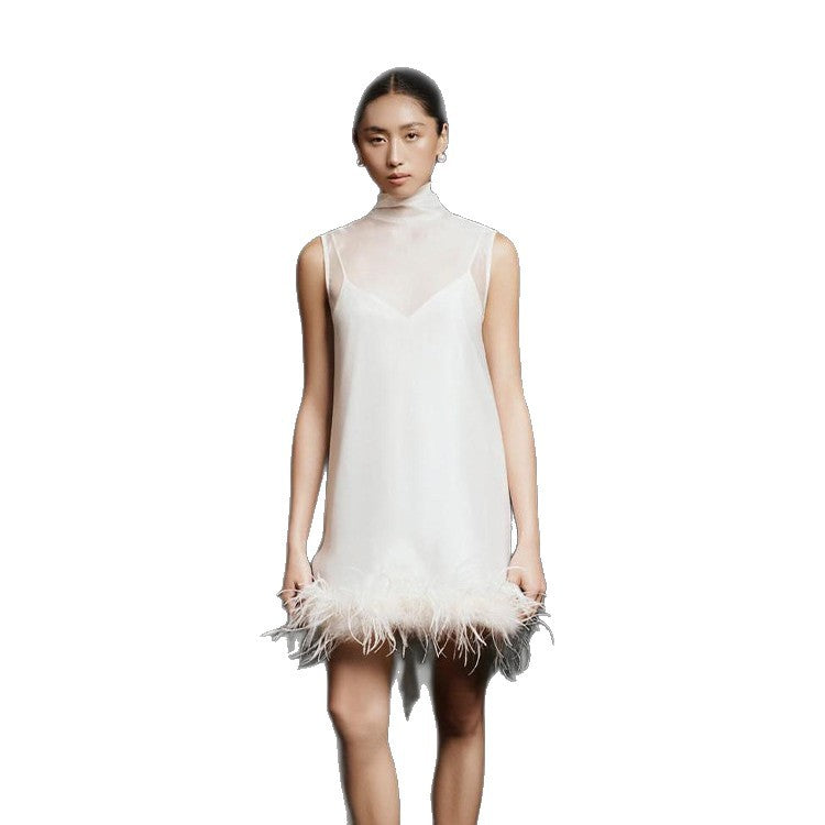 Solid-color Crew-neck Short Dress with Feather Detailing for a Luxe Look