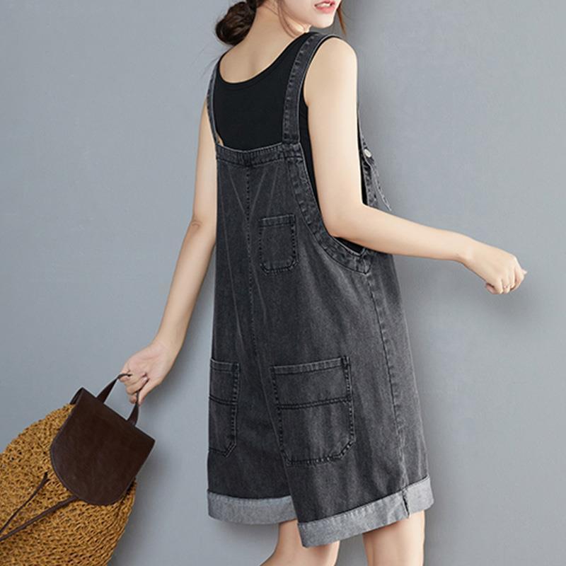 Womens Denim Overalls Summer Loose-Fit Korean-Style Cropped Pants