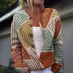 Geometric 3D Print Casual Cardigan Sweater