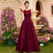 Burgundy Sleeveless Satin Evening Gown with a Fitted Waist