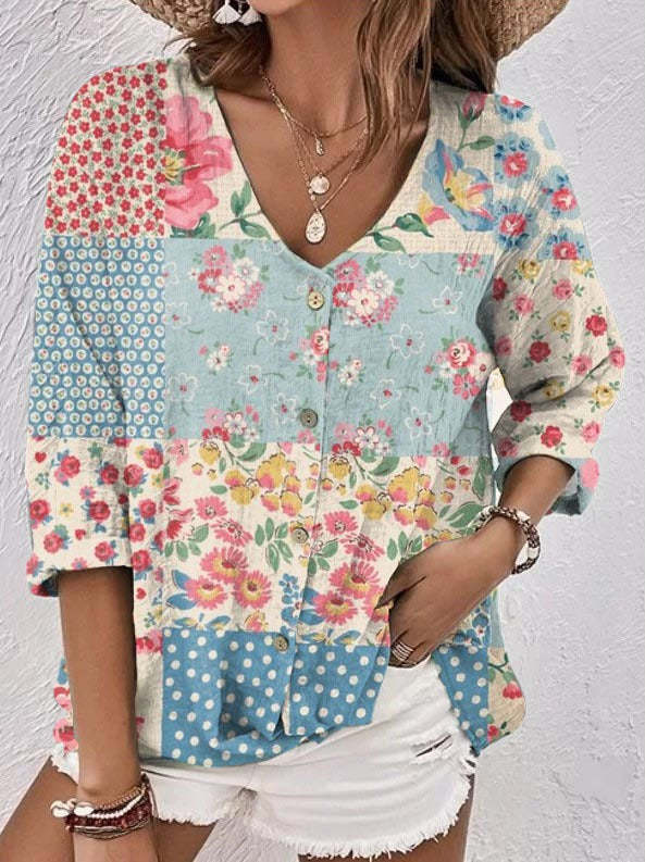 Female Oil Painting Printed V-neck Short Sleeved Shirt