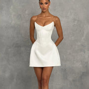 Strapless V-neck Lace-up Waist-cinching A-line Dress for Women