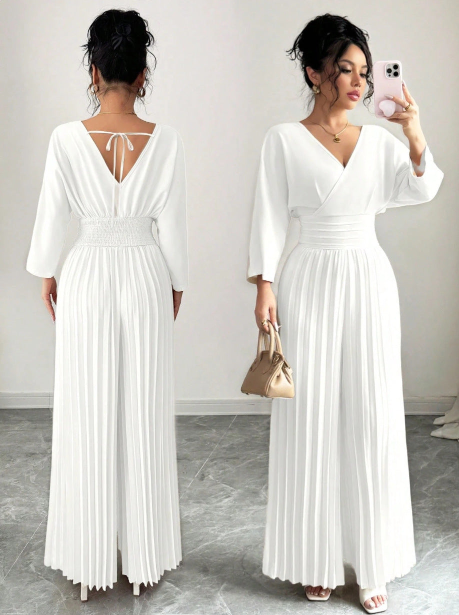 Solid-color Pleated Jumpsuit Pants For Women