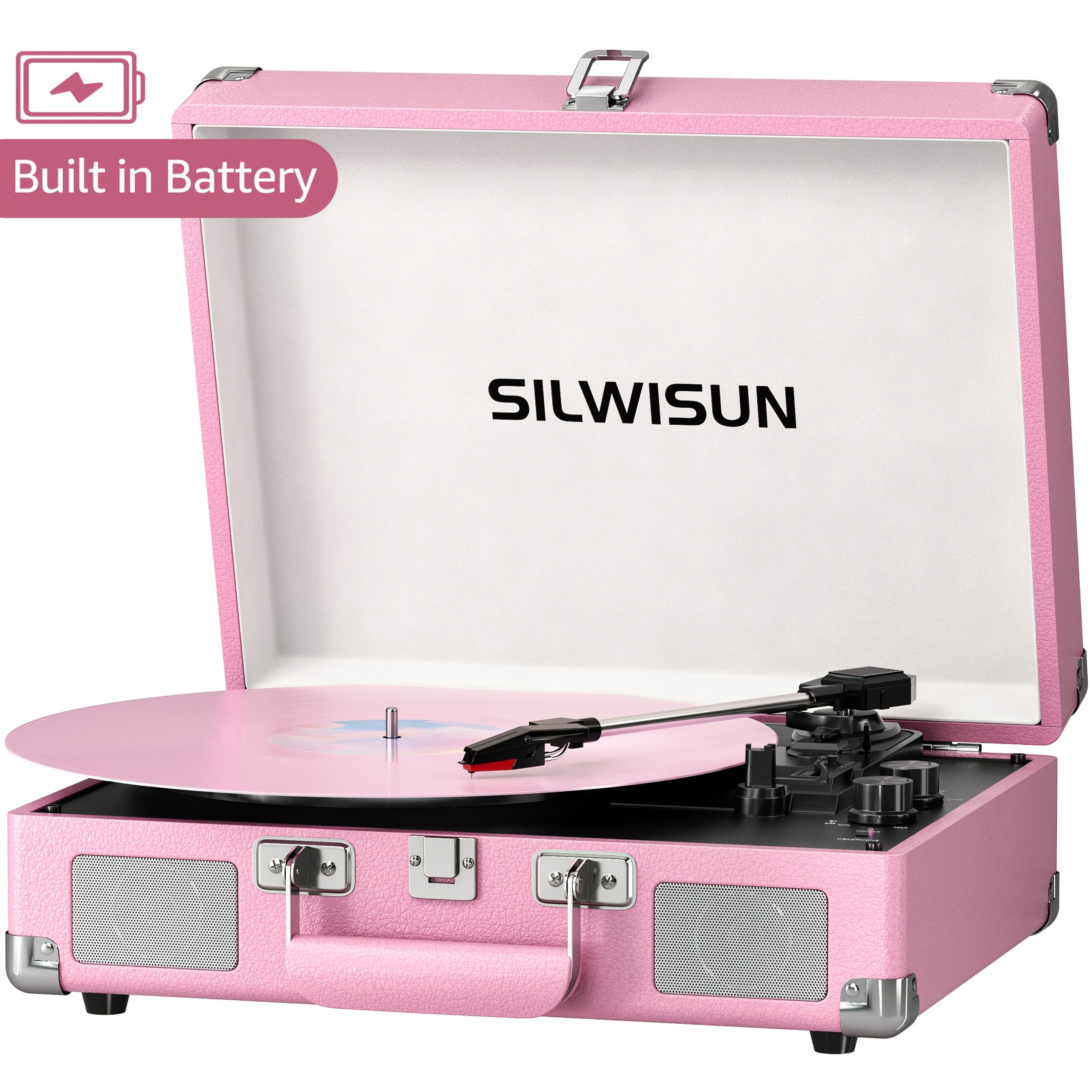 Portable Vinyl Record Player with Built‑In Speakers, Battery Powered, 3‑Speed Turntable, Wireless, Suitcase Design, 3.5 mm Headphone Jack, Aux In & RCA Out – Pink, Green, Brown, Black