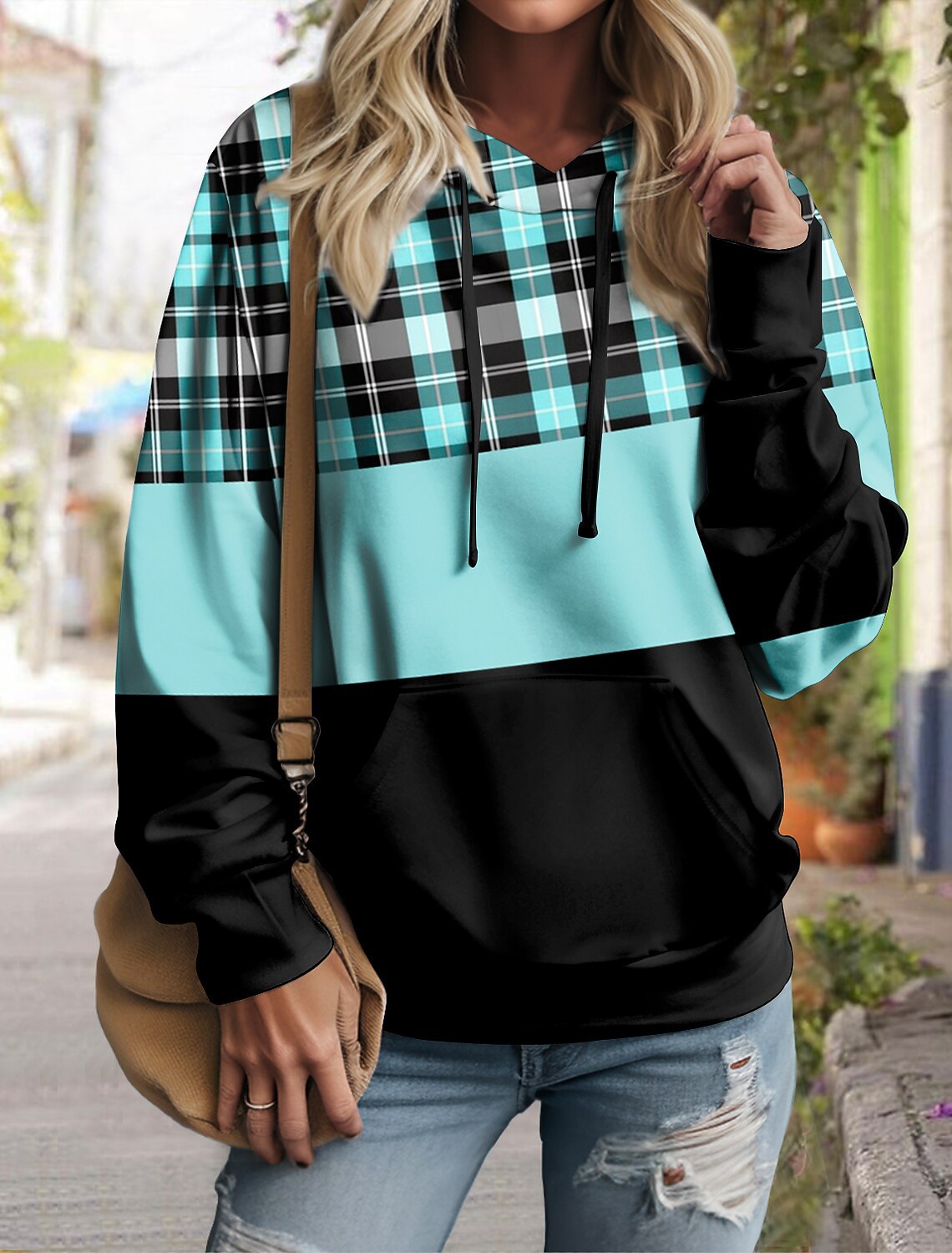 Women's Plaid Color Block Pullover Hoodie