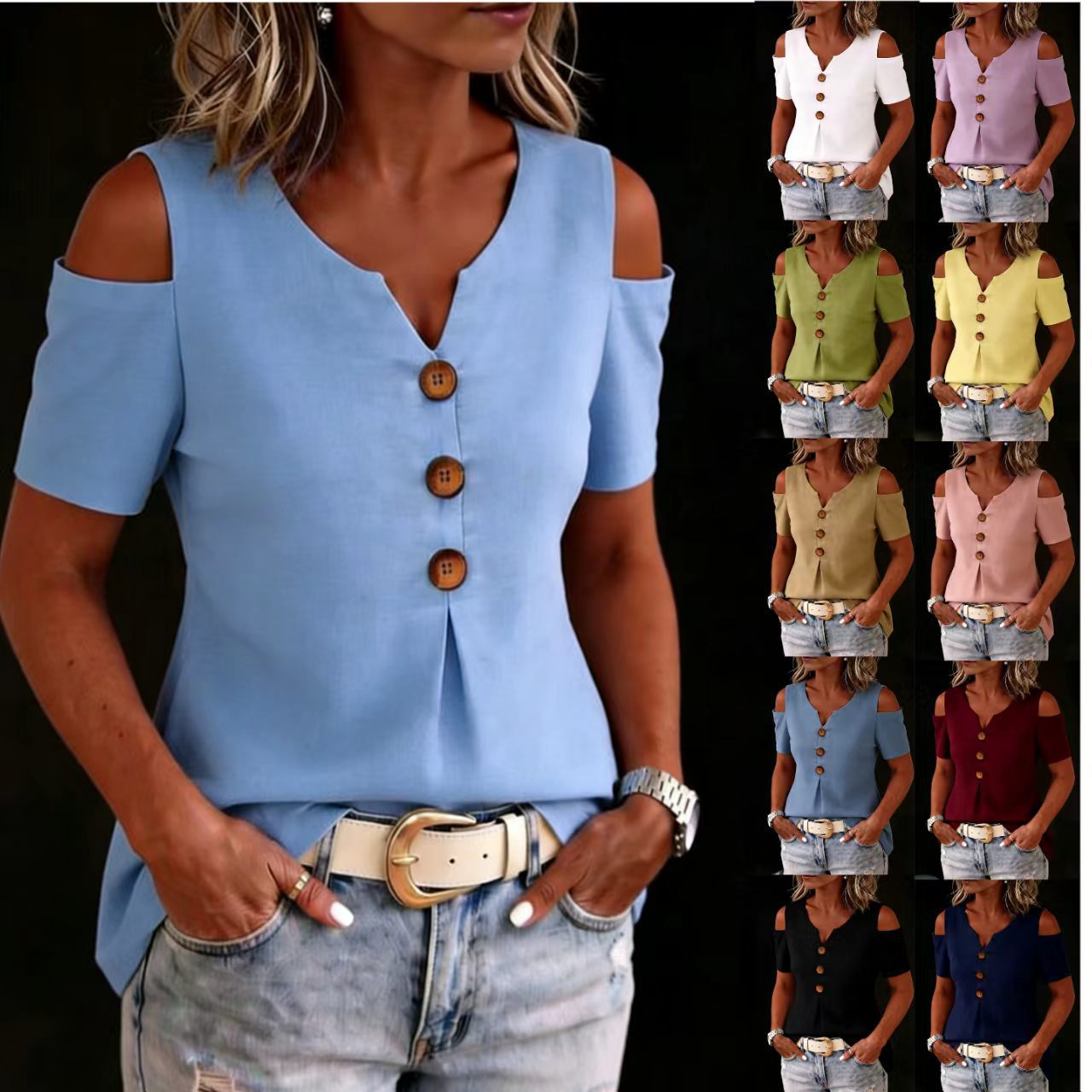 Fashion V-Neck Off-Shoulder Tee with Button Details