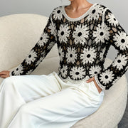 Womens Crochet Hollow-Out Knitted Pullover Top With Long Sleeves