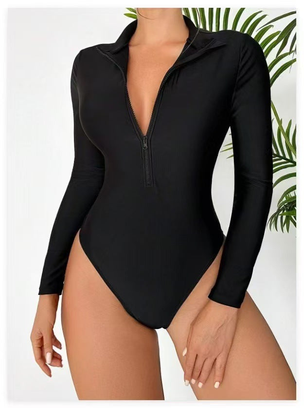 Gradient Ombre Body-Sculpting Long-Sleeve One-Piece Swimsuit