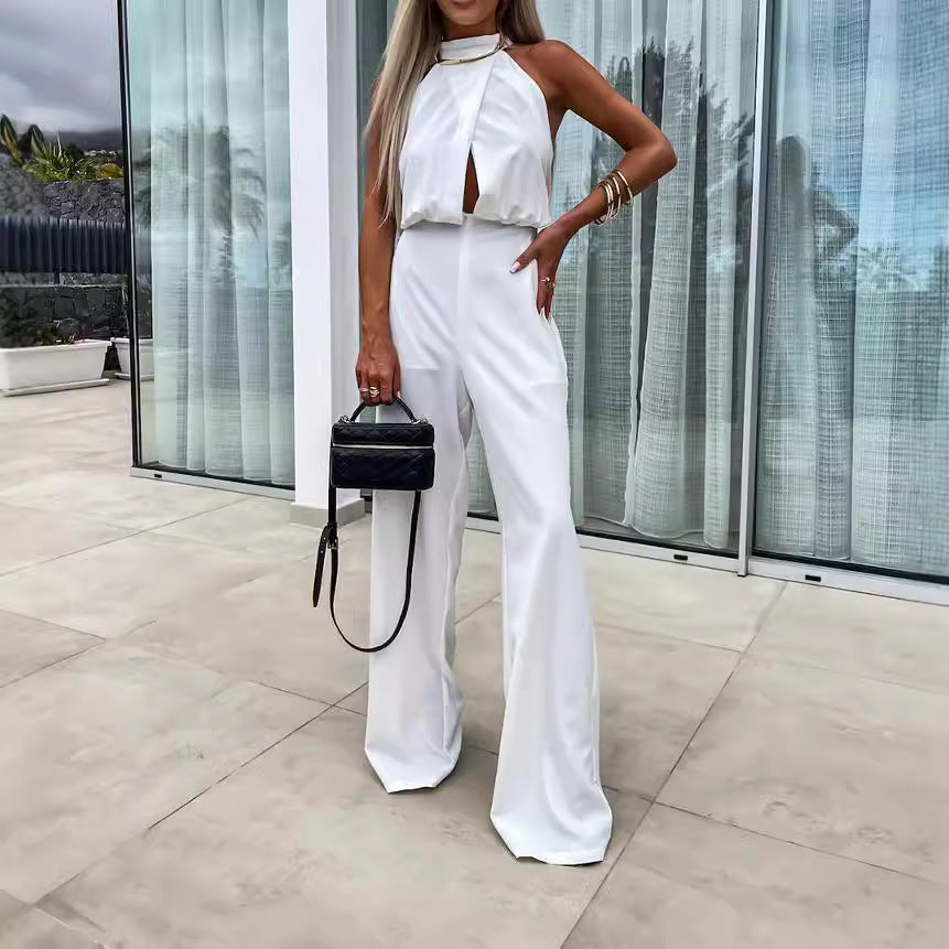 Chic High-Waisted Backless Straight Jumpsuit