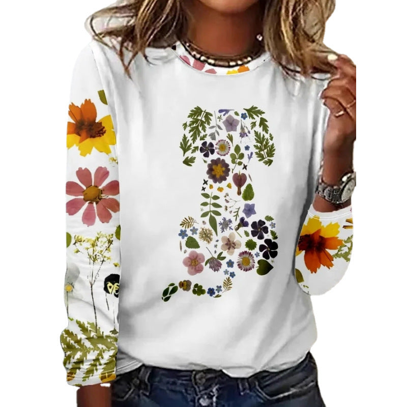 Floral Print Long Sleeve Pullover Round Neck Top for Women