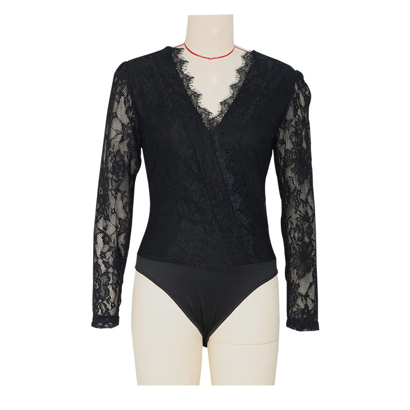 Lace V-Neck Slim Fit Long-Sleeve Romper