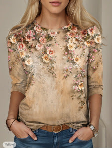 Gradient Floral Print Long Sleeve Round Neck Top