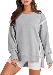 Frayed Hem Split Patchwork Long Sleeve Sweater