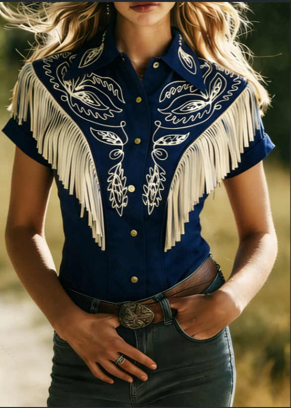 Embroidered Western Fringe Short‑Sleeve Shirt – Boho Cowgirl Style