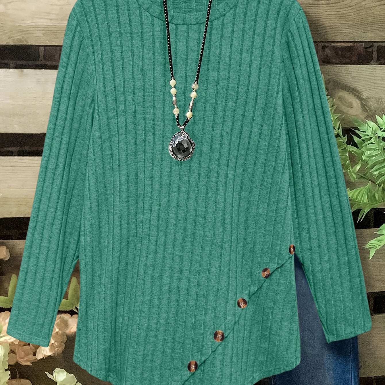 Plus Size Lightweight Ribbed Long Sleeve T-Shirt with Asymmetrical Hem
