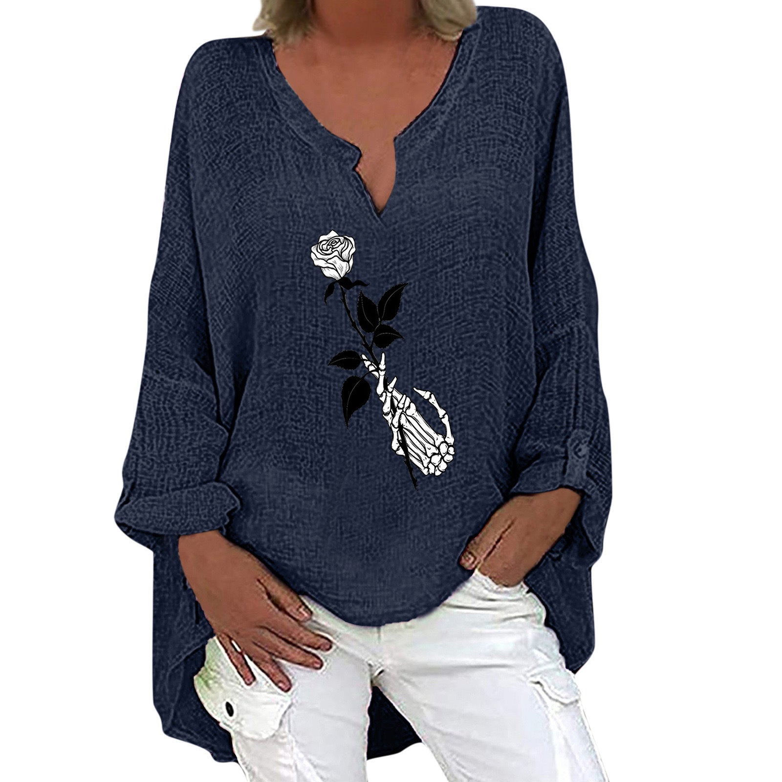 Women's Halloween V-Neck Cotton Linen Long Sleeve Shirt