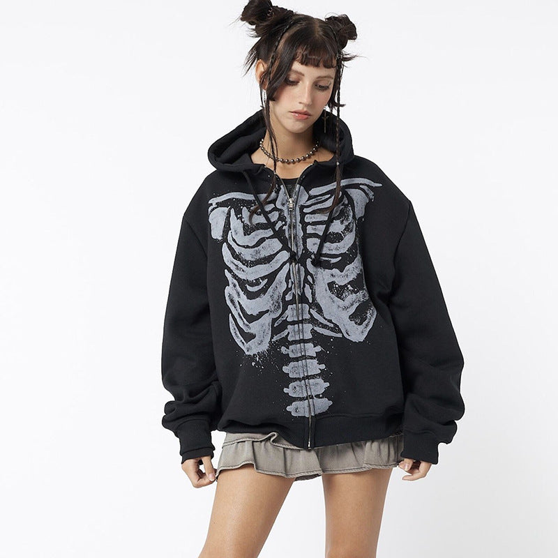 Edgy Skeleton Print Long Sleeve Cardigan Sweatshirt