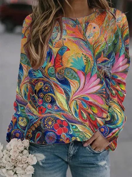 Women's 3D Print Loose Casual Round-Neck Autumn Sweater