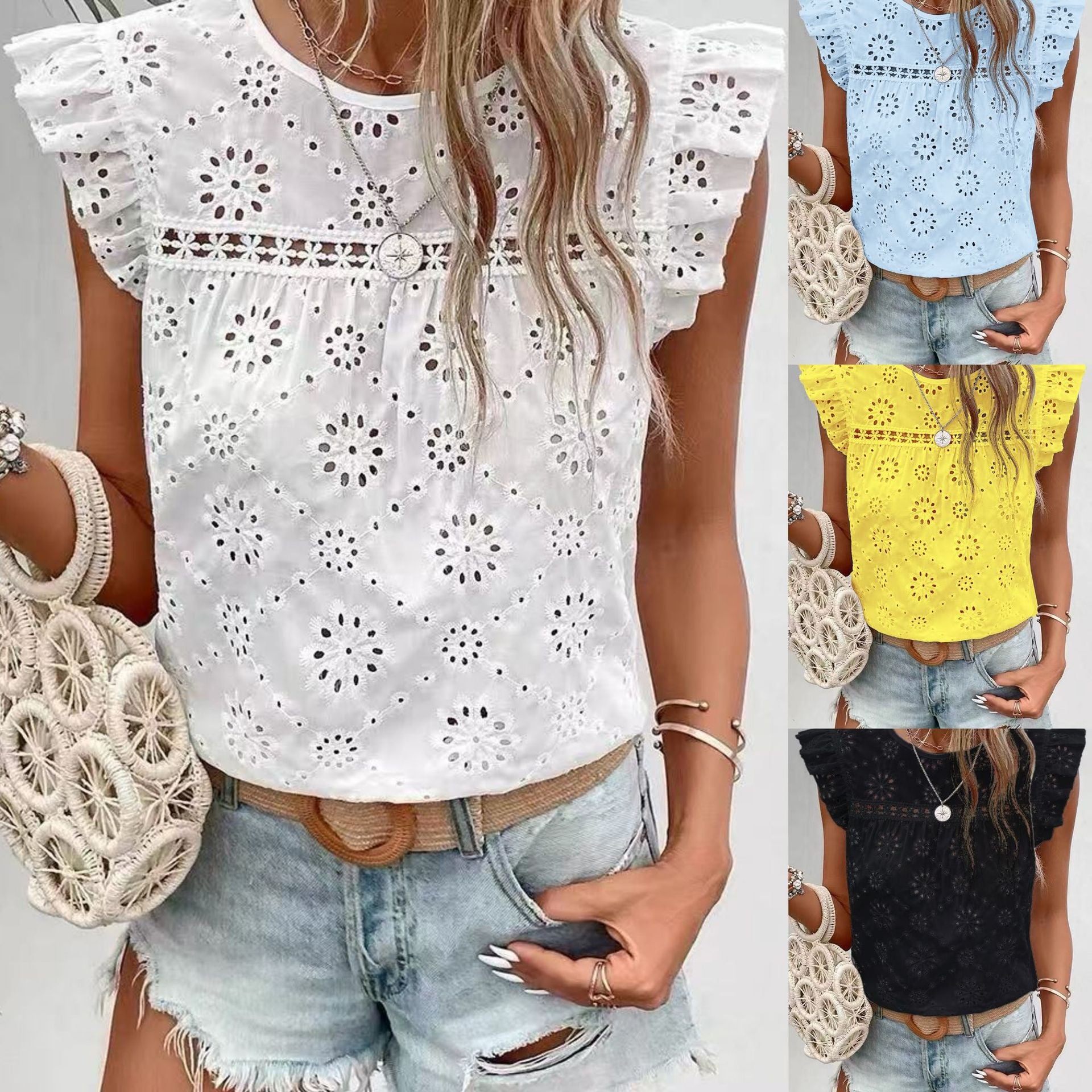 Ruffled Sleeveless Tee with Hollowed‑Out Detail – Effortless Chic