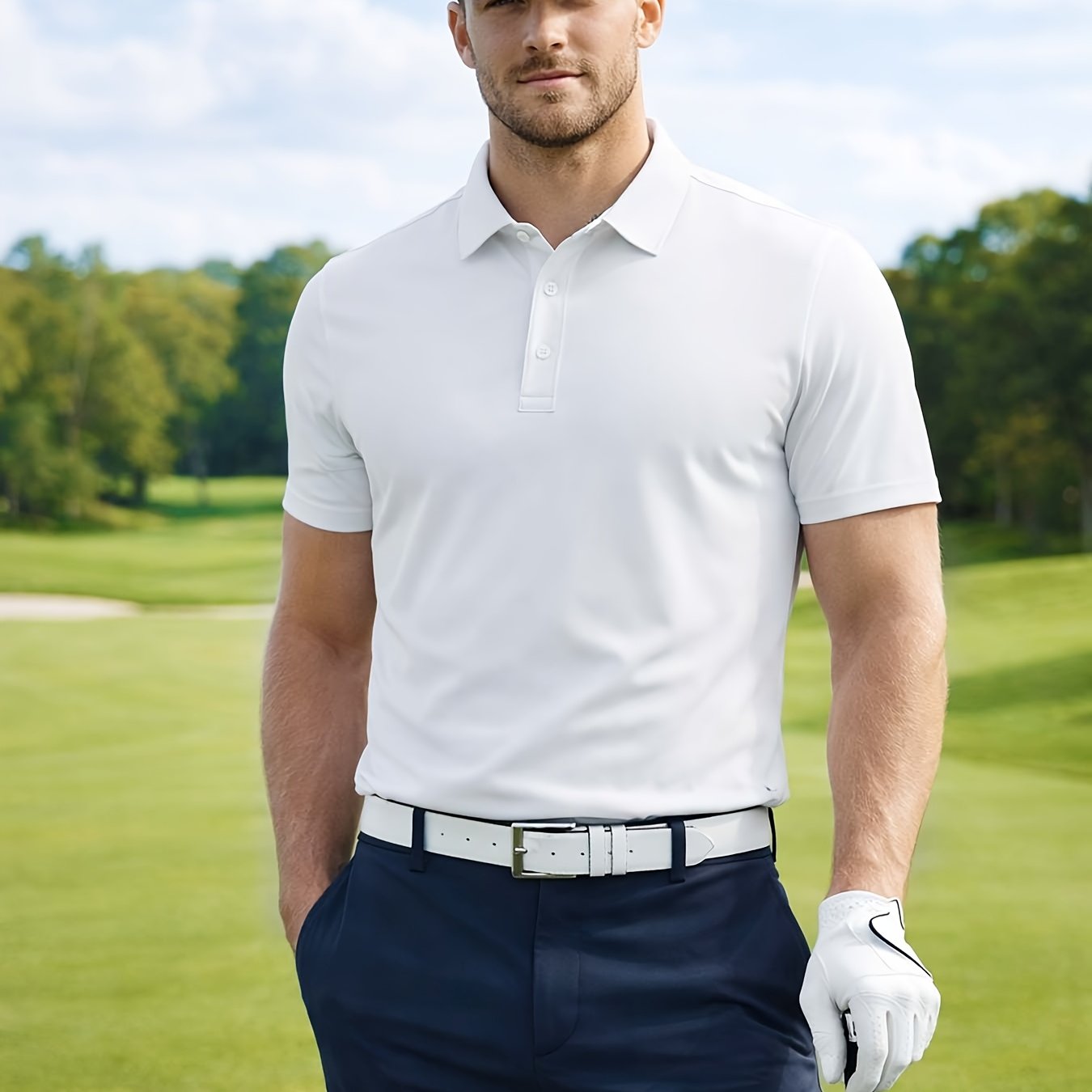 Men's Short Sleeve Button-Up Collar Polo Shirt in Polyester
