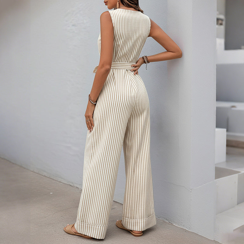 Women's Casual V-Neck Striped Sleeveless Jumpsuit