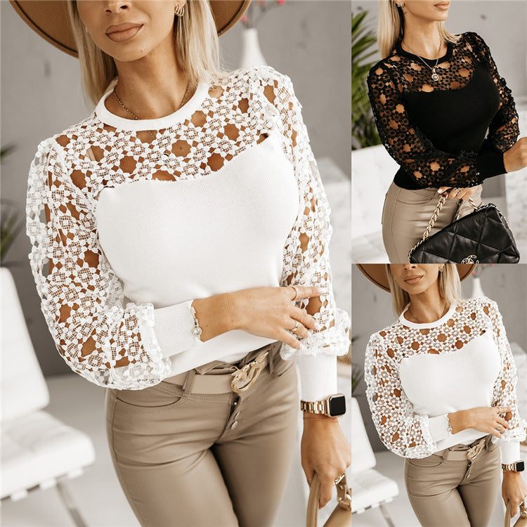 Elegant Hollow-Out Lace Long Sleeve Crew Neck Top