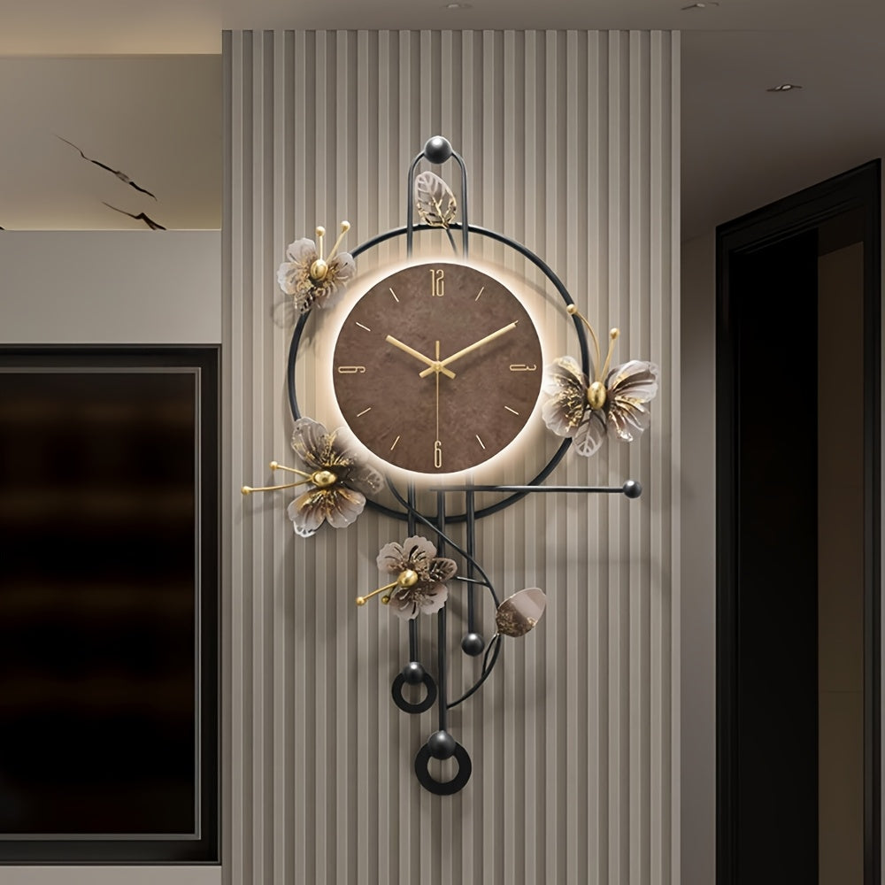 Elegant Decorative Wall Clock With LED Light, 27x17in Large Metal Flowers Wall Clock, 3D Wall Art Decor Clock, Silent Battery Operated Metal Wall Lamp, Creative Wall Art Clocks Home Accent