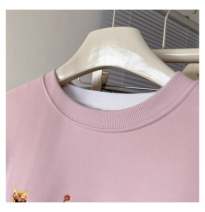 Cute Kitten Embroidered Loose Streetwear Sweater Coat