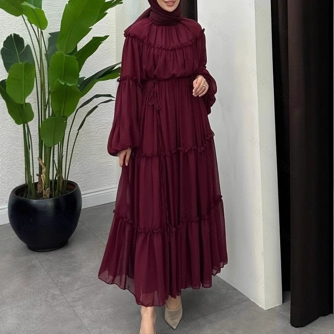 Fashionable Solid Color Soft Lace Detail Belt Long Chic and Elegant Dress