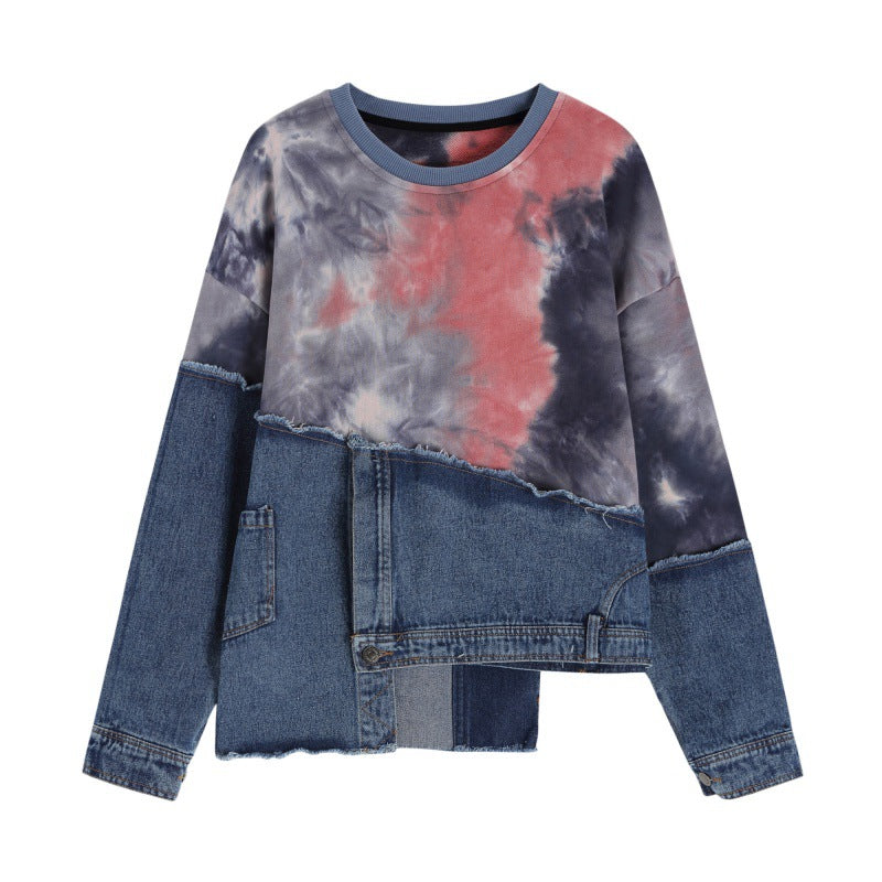 Tie-Dye Denim Stitching Loose Long-Sleeve Sweater