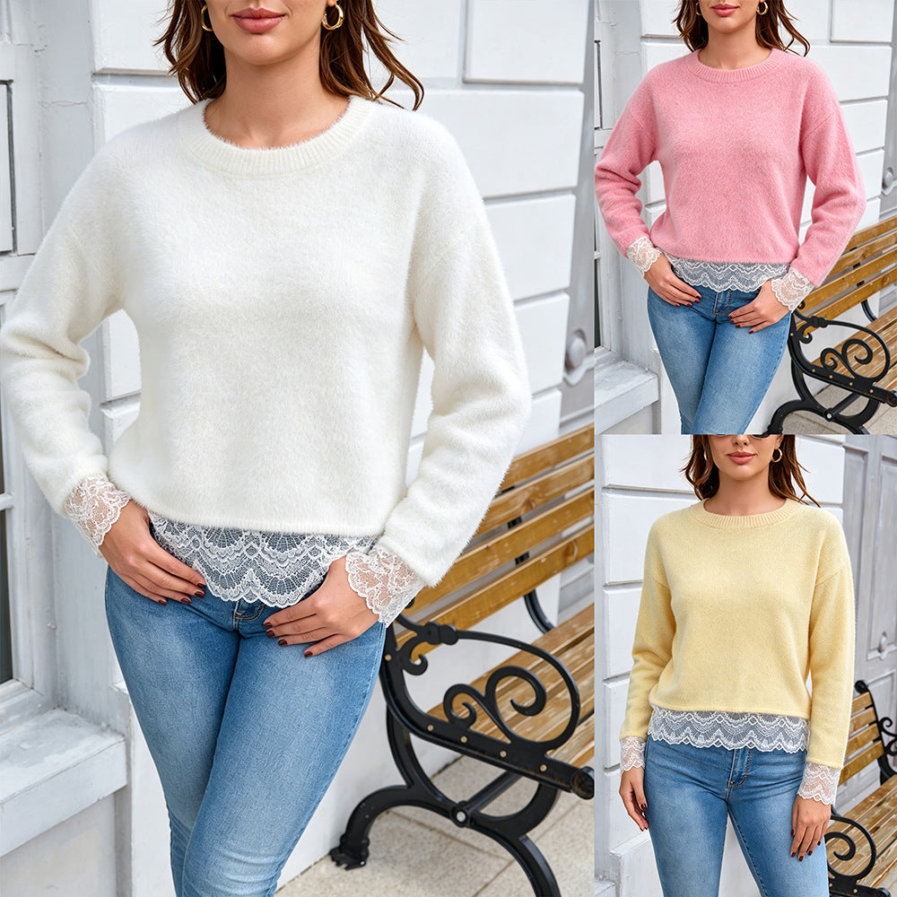 Womens Fashionable Loose-fit Lace-panel Knit Sweater