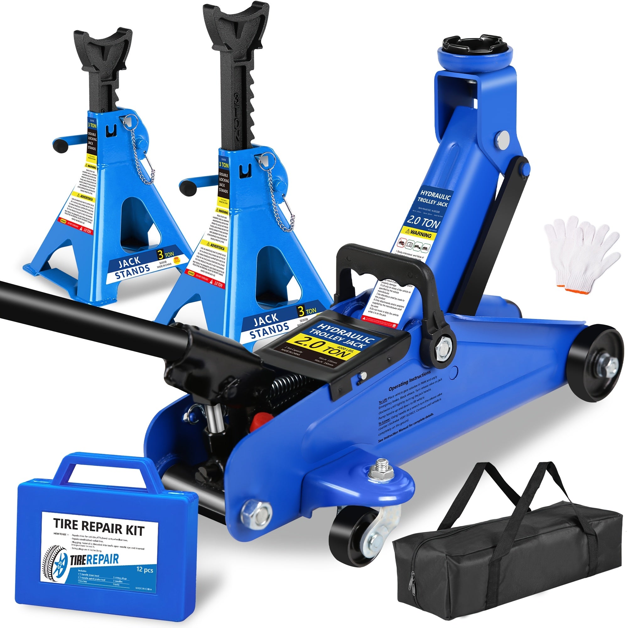 2/2.5/3 Ton Capacity Floor Car Jack Low Profile Garage Hydraulic Trolley Service Lift Floor Jack Combo with With 2 Ratchet 3 Ton Jack Stands, Tire Repair Kit, 14-inch Wheel Cross Wrench, Wheel...