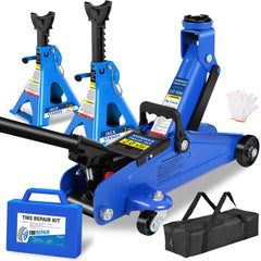 3-ton floor car jack with jack stands and tire repair kit for garage use