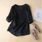 V-Neck Embroidered Linen Cotton Blend Short Sleeve Blouse