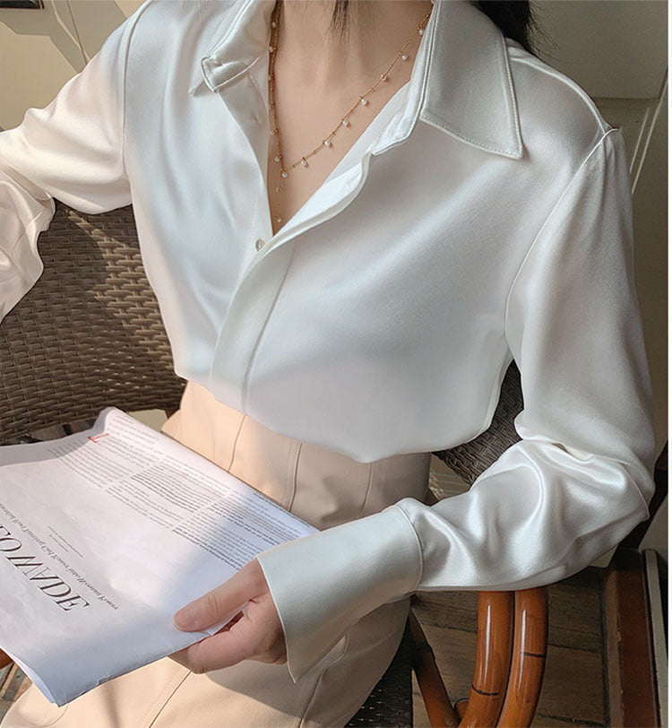 Women's Satin New Design Sense V-neck Silk Acetate White Shirt