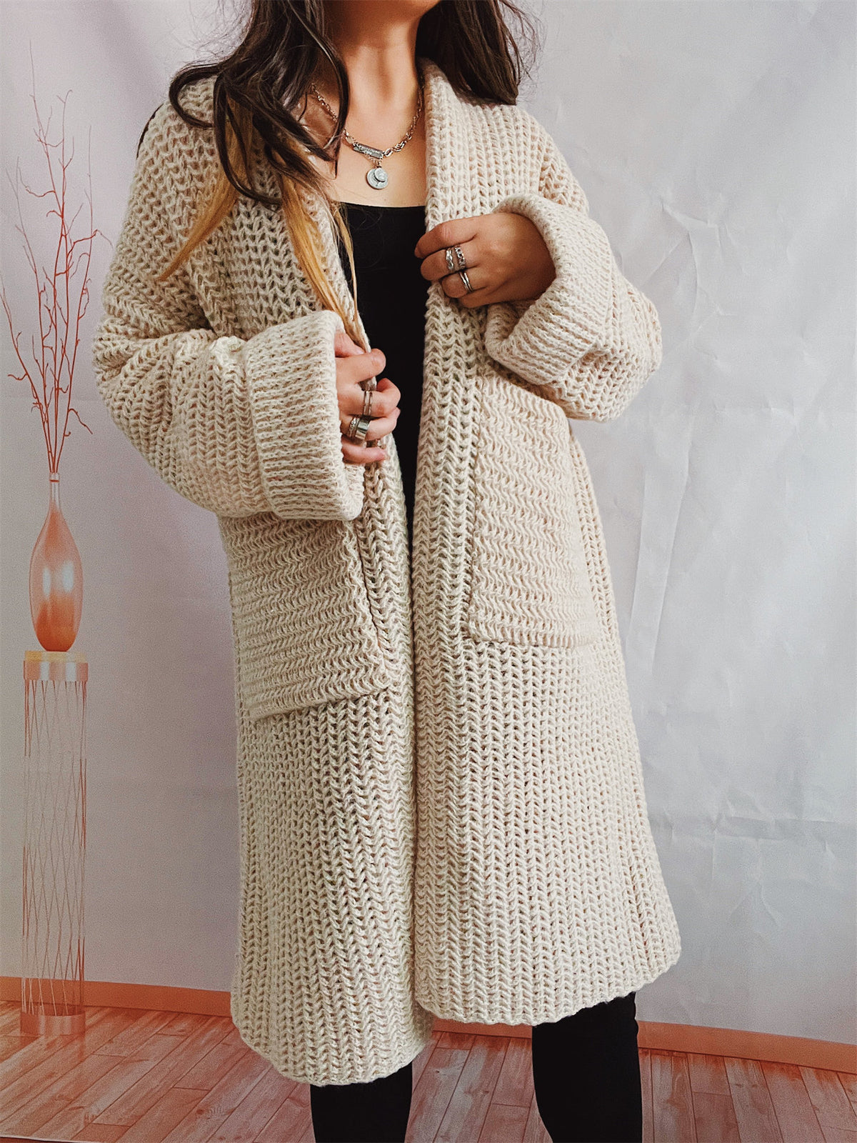 Loose-fitting Solid-color Thickened Knit Cardigan Sweater Jacket