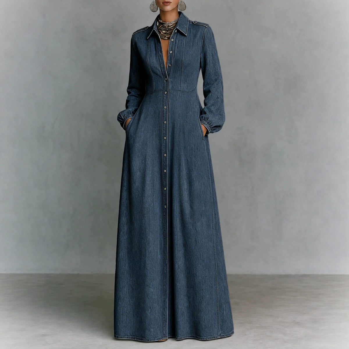Slim-Fit Denim Lapel Swing Dress with Waist-Cinching Design