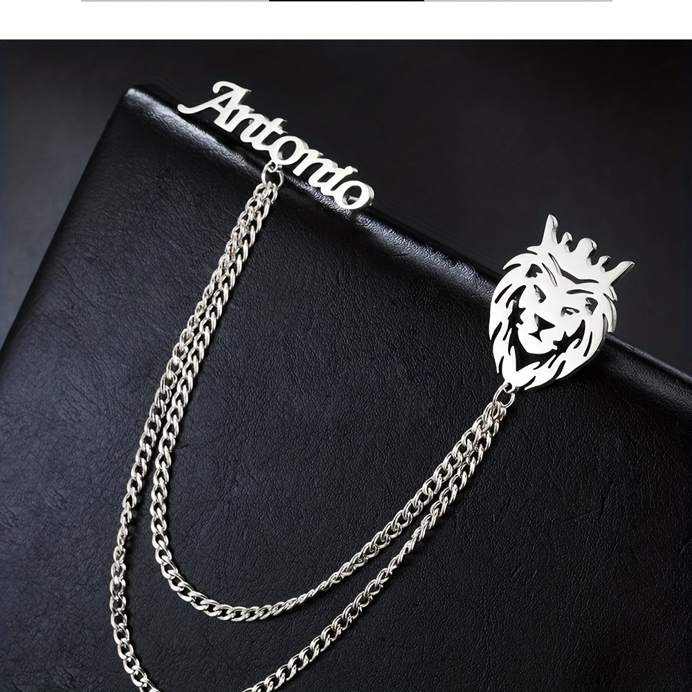 Custom Name Lion Brooch with Personalized Tassel and Stainless Steel Chain