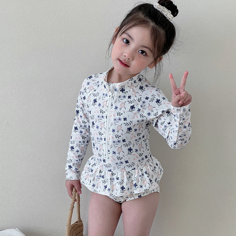 Girls' Long-Sleeve Floral One-Piece Swimsuit