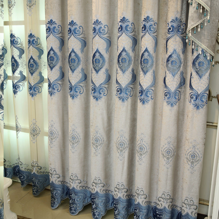 Blue Chenille Embroidered Curtains for Living Room Bedroom and Villa