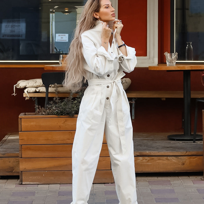 Fashion Polo Collar Long Sleeve Casual Wide Leg Jumpsuit