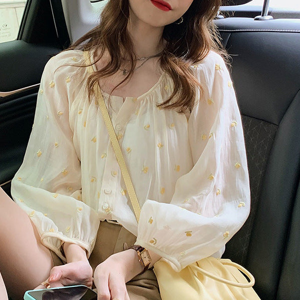 Chic French Dot Long-Sleeve Slim Fit Women's Shirt